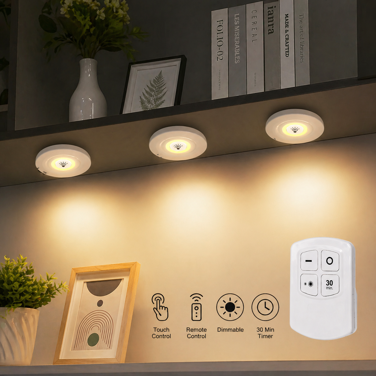 Wireless LED Puck Lights with Remote – Dimmable Under Cabinet Lighting Set