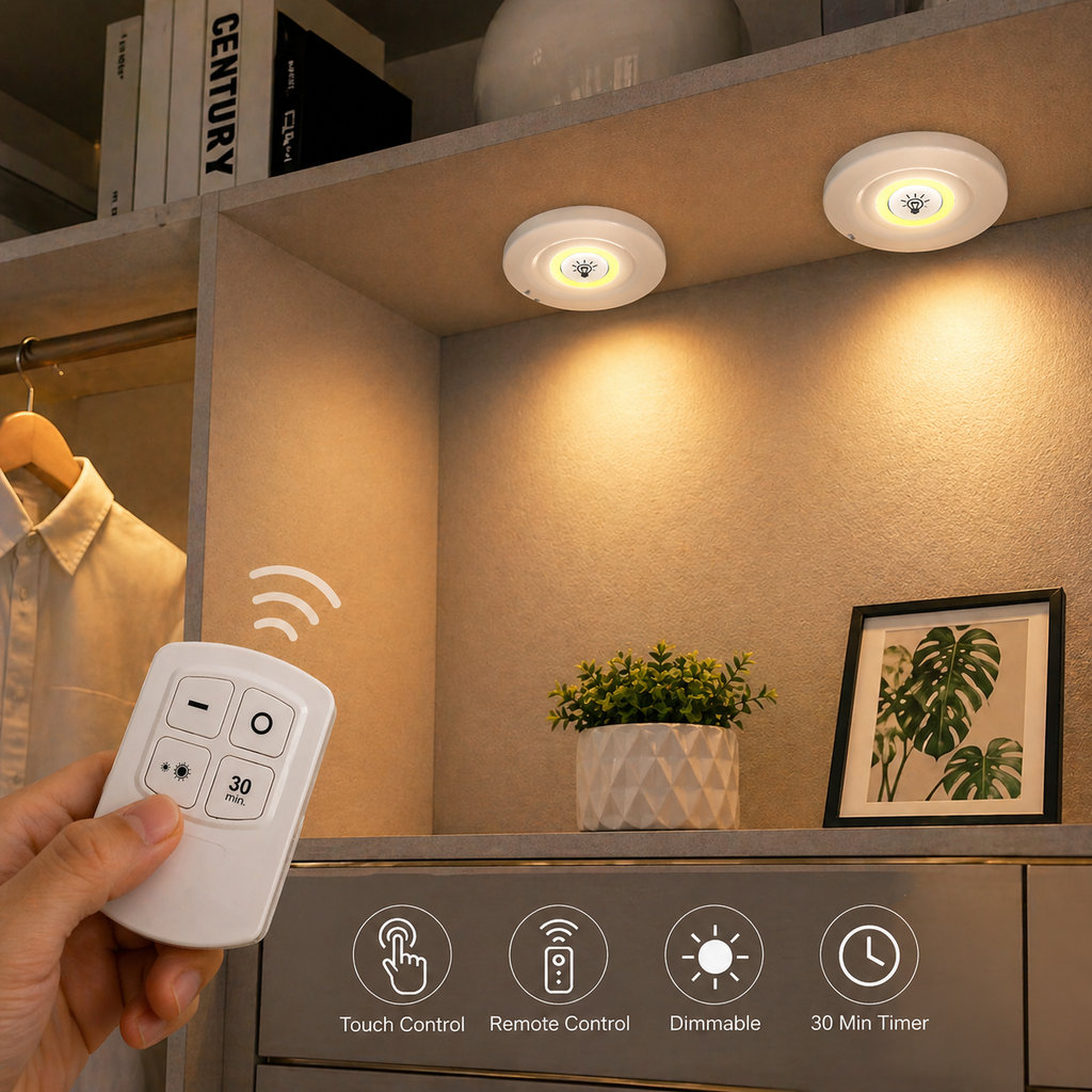 Wireless LED Puck Lights with Remote – Dimmable Under Cabinet Lighting Set