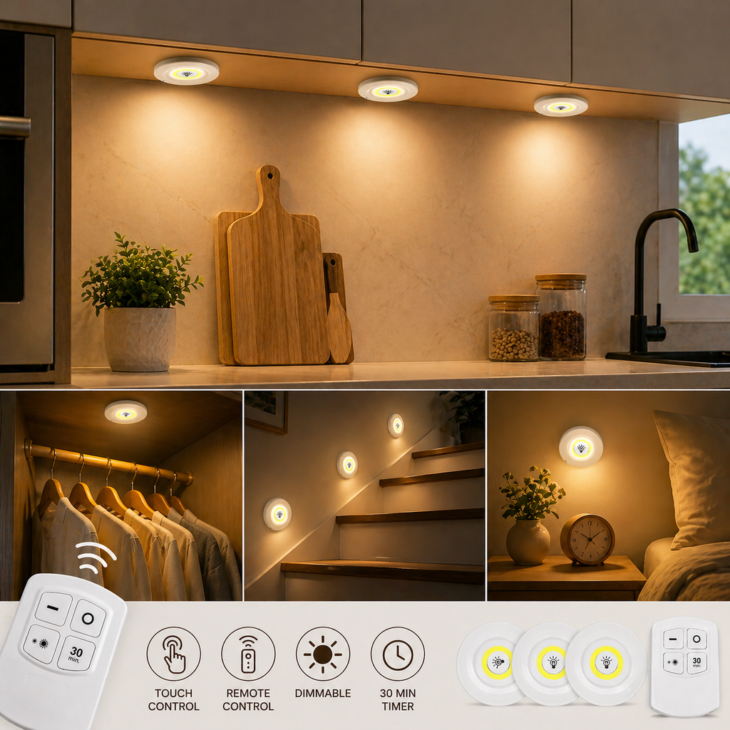 Wireless LED Puck Lights with Remote – Dimmable Under Cabinet Lighting Set