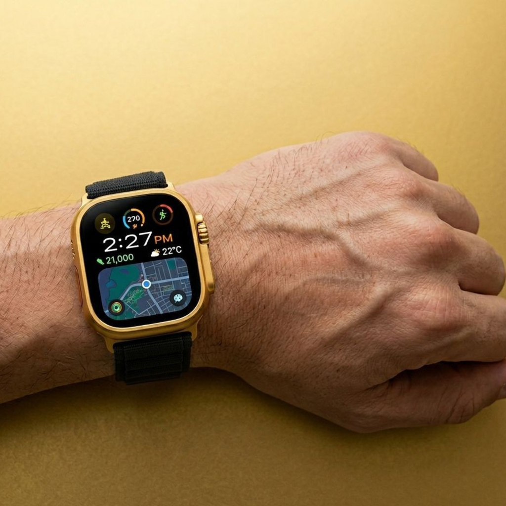 i20 Ultra Smartwatch – Luxury Gold Edition with Wireless Earbuds & Multi-Strap