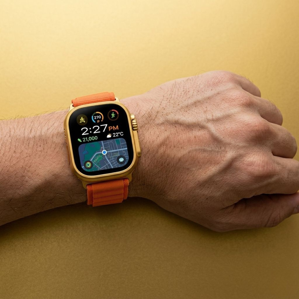 i20 Ultra Smartwatch – Luxury Gold Edition with Wireless Earbuds & Multi-Strap