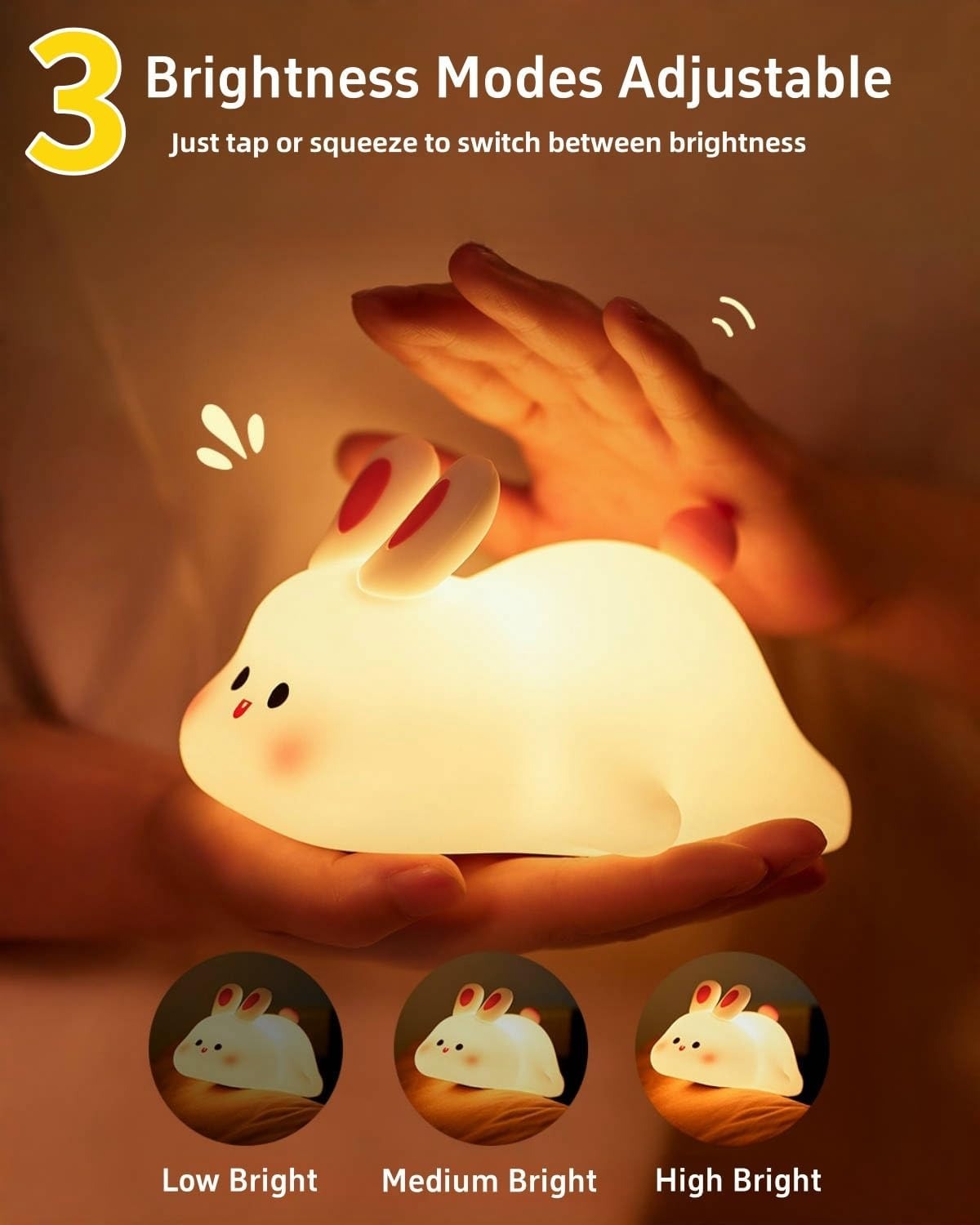 Cute Bunny Silicone Night Light – Touch Sensor Rechargeable Rabbit Lamp