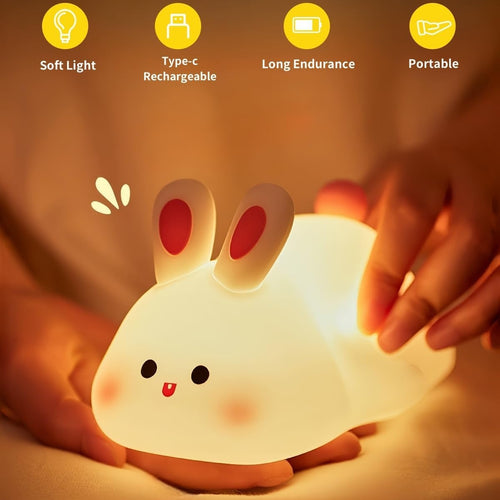 Cute Bunny Silicone Night Light – Touch Sensor Rechargeable Rabbit Lamp
