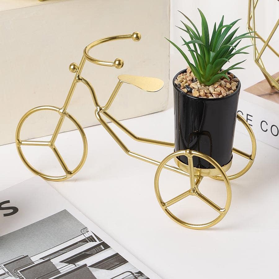 Luxury Gold Metal Cycle Planter With Ceramic Flower Pot