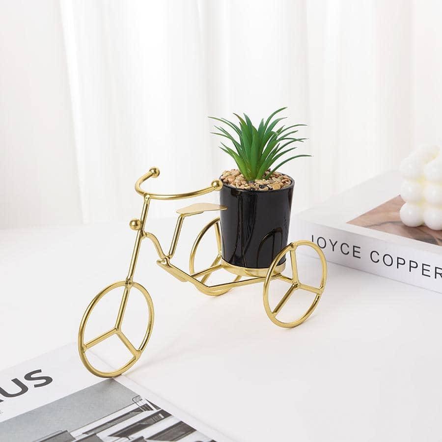 Luxury Gold Metal Cycle Planter With Ceramic Flower Pot