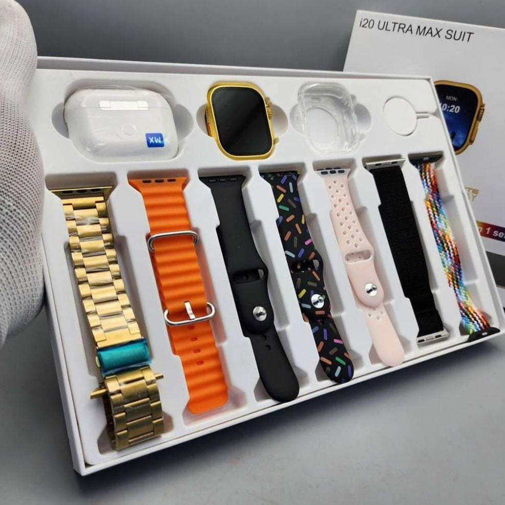 i20 Ultra Smartwatch – Luxury Gold Edition with Wireless Earbuds & Multi-Strap